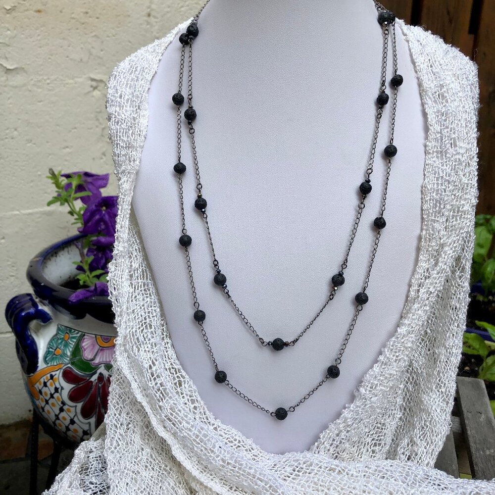 Gunmetal grey chain necklace with black lava stone beads